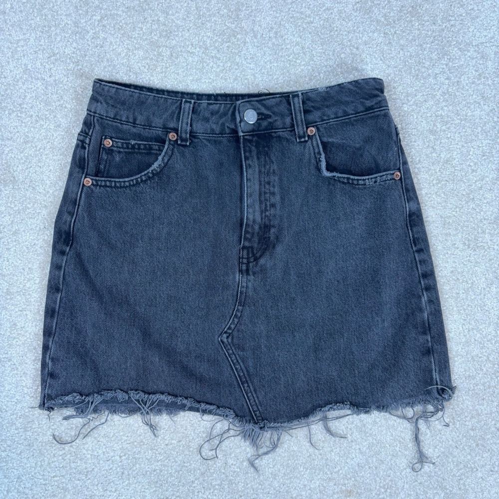 Topshop Black Denim Mini Skirt Raw Hem High Waisted Size US 6 05T37QWBK